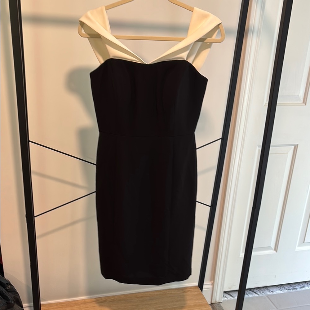 Calvin Klein Black and Cream Off-the-Shoulder Sheath Dress